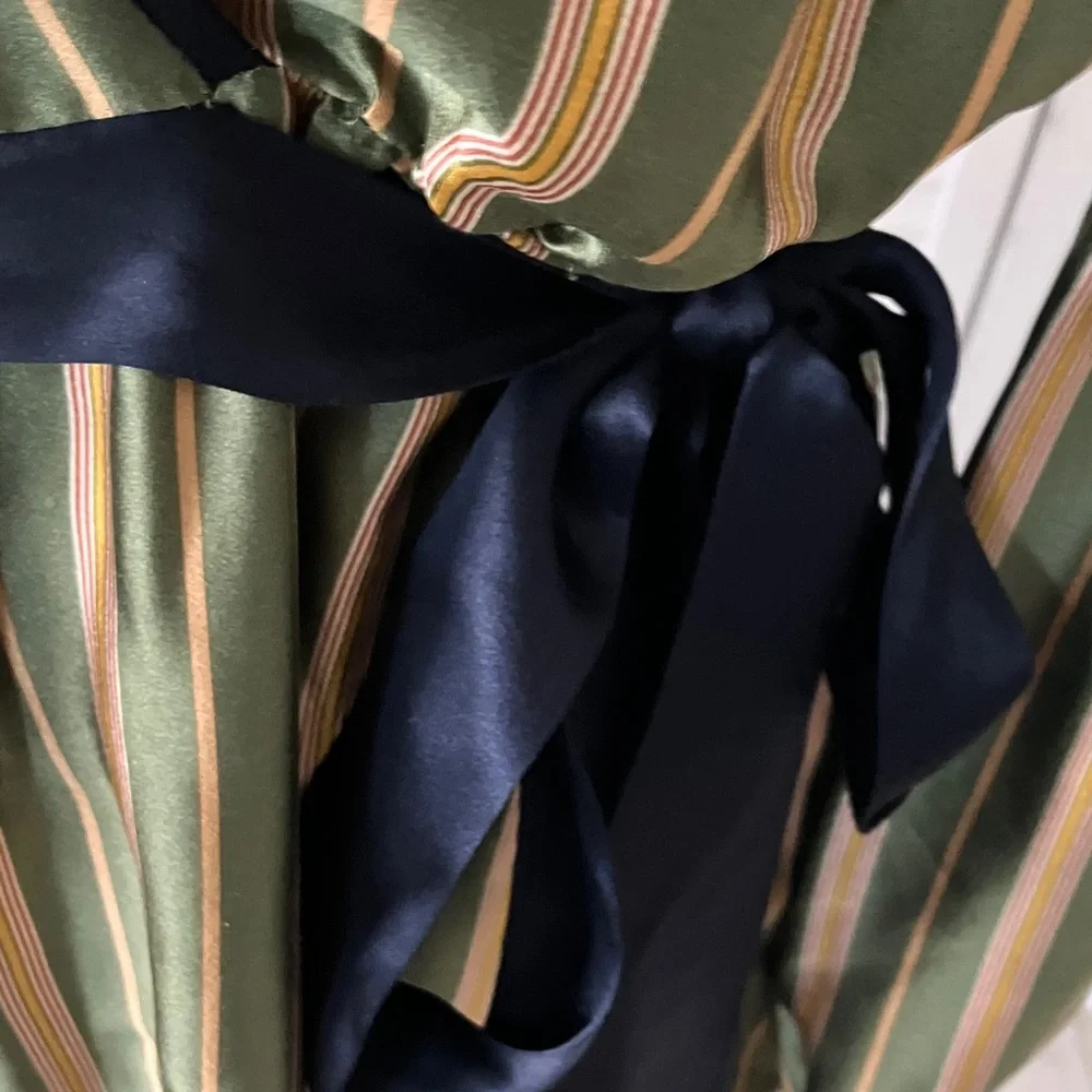 BCBGMaxAzria Olive‎ and Navy  Striped Wrap Midi Dress NWT